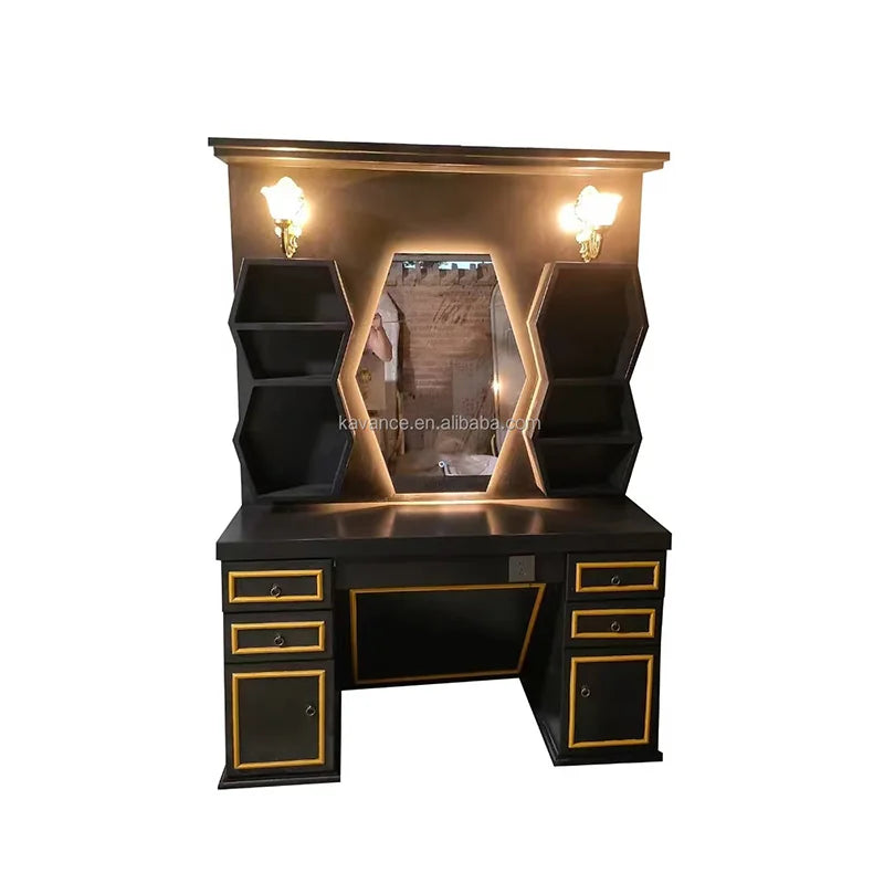 Barbershop Mirror Station with Integrated Storage Space for Salon Furniture