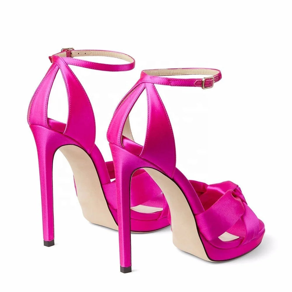 Beautiful Wedding Bride Shoes Fuchsia Satin Knot Buckle Strap Ladies Plus Size Party Stilettos Heels for Women
