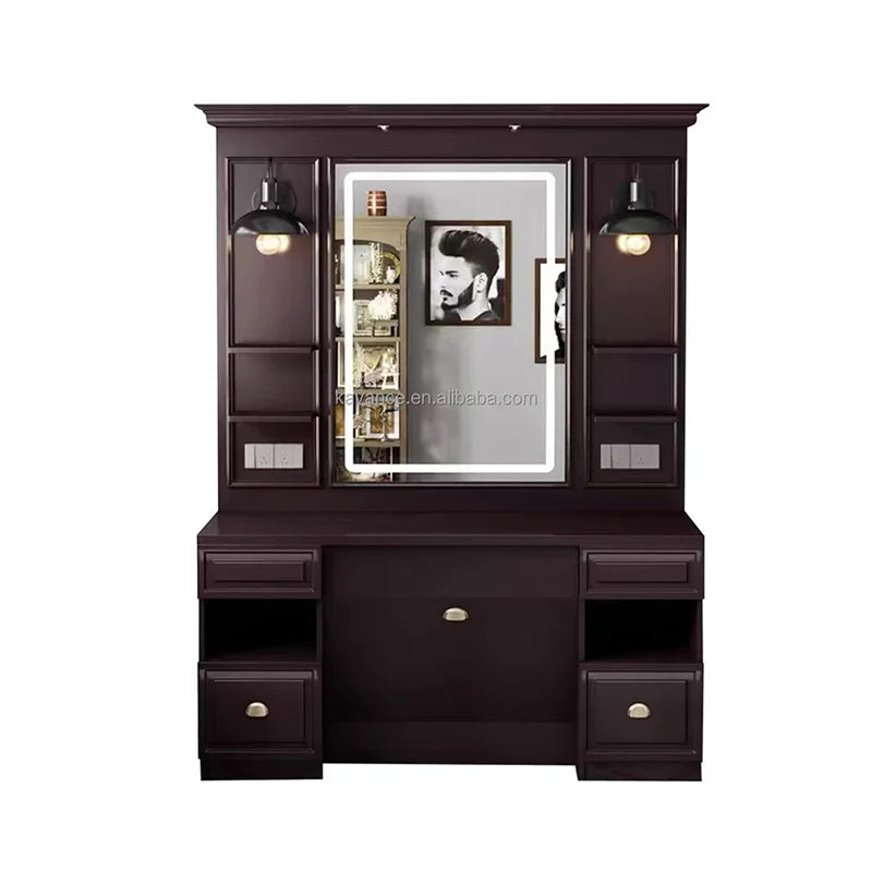 Barbershop Mirror Station with Integrated Storage Space for Salon Furniture