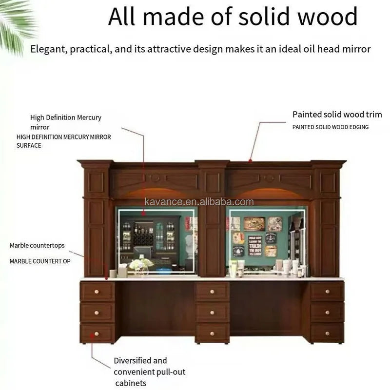 Barbershop Mirror Station with Integrated Storage Space for Salon Furniture