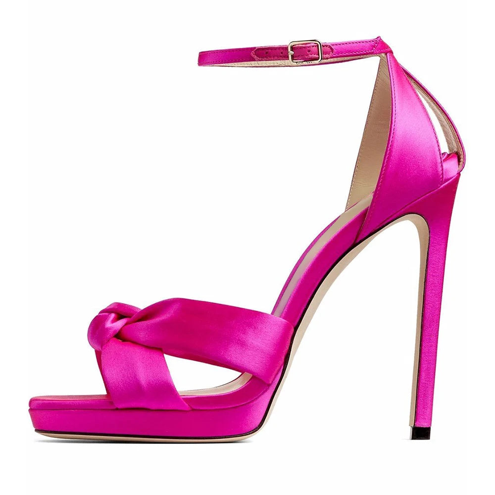 Beautiful Wedding Bride Shoes Fuchsia Satin Knot Buckle Strap Ladies Plus Size Party Stilettos Heels for Women