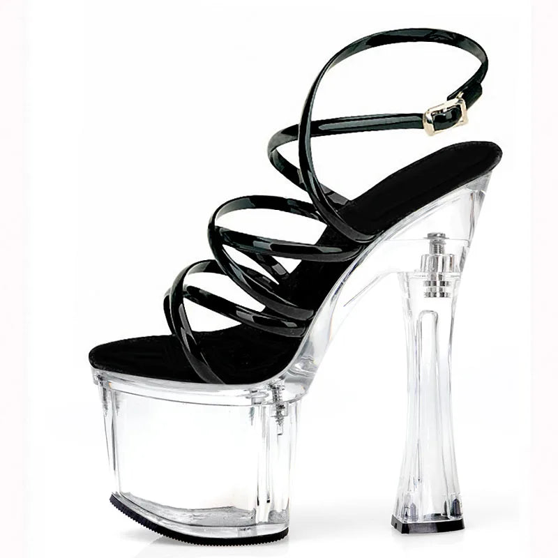 Transparent Thick Heel Transparent PVC Belt High Heels Fashion Pole Dance High Heels Model Walk Show Summer Sandals