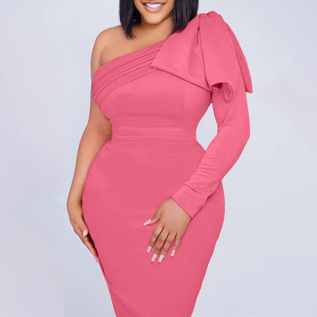 D3173  2024 New Diagonal Collar Solid Color Fashion Bag Sexy African Plus-size Women's Dress