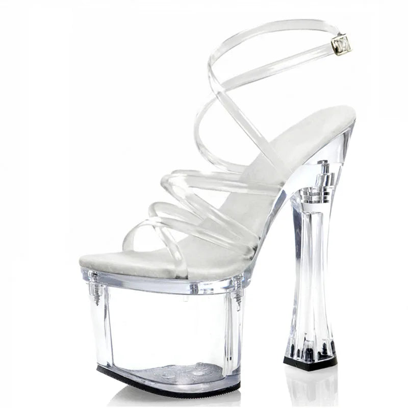 Transparent Thick Heel Transparent PVC Belt High Heels Fashion Pole Dance High Heels Model Walk Show Summer Sandals