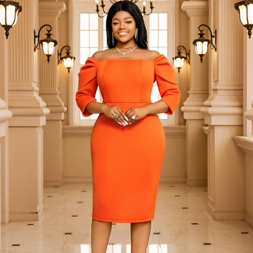 2024 Solid Colour Flower Petal Sleeve Pleated Pencil Package Hip Temperament Through Le Casual Natural Woven Plus Size Dress