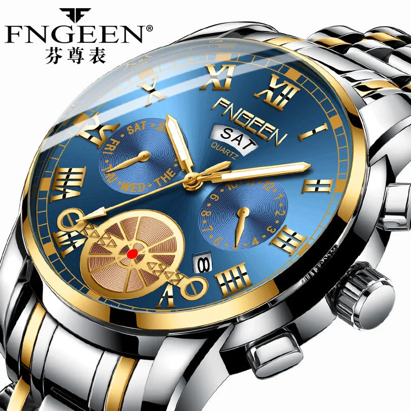 Fngeen 4001 Fashion Luxury Tourbillon Quartz Steel Wristwatch Jam Montres Reloj Life Waterproof Luminous Pointer Watch for Men