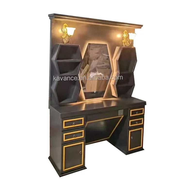 Barbershop Mirror Station with Integrated Storage Space for Salon Furniture