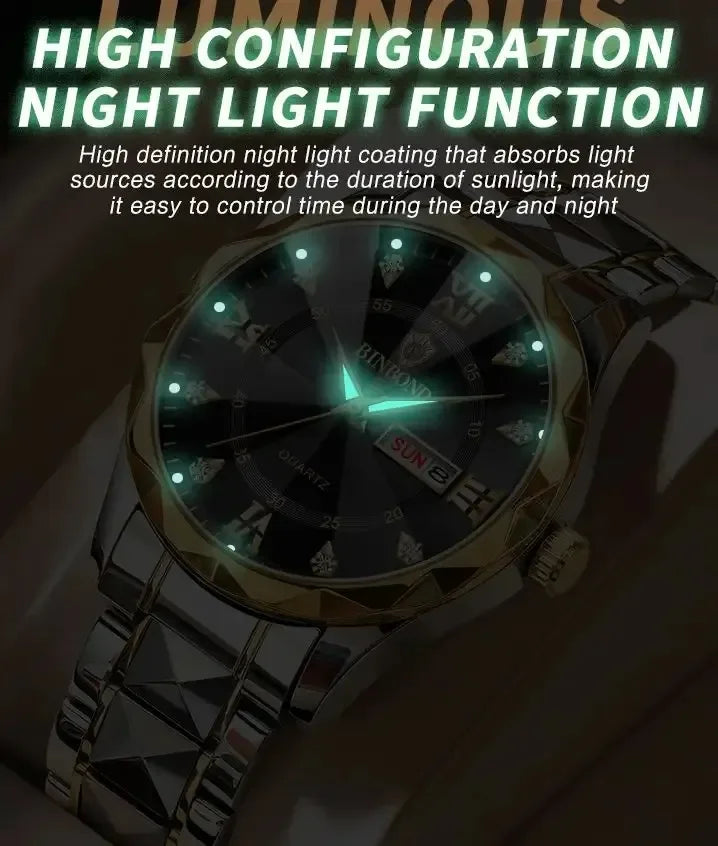 BINBOND 2521 B2521 Men Women Couple Wristwatch Stainless Steel Luminous Quartz Watch for Reloj Montres Homme Relogio Masculino
