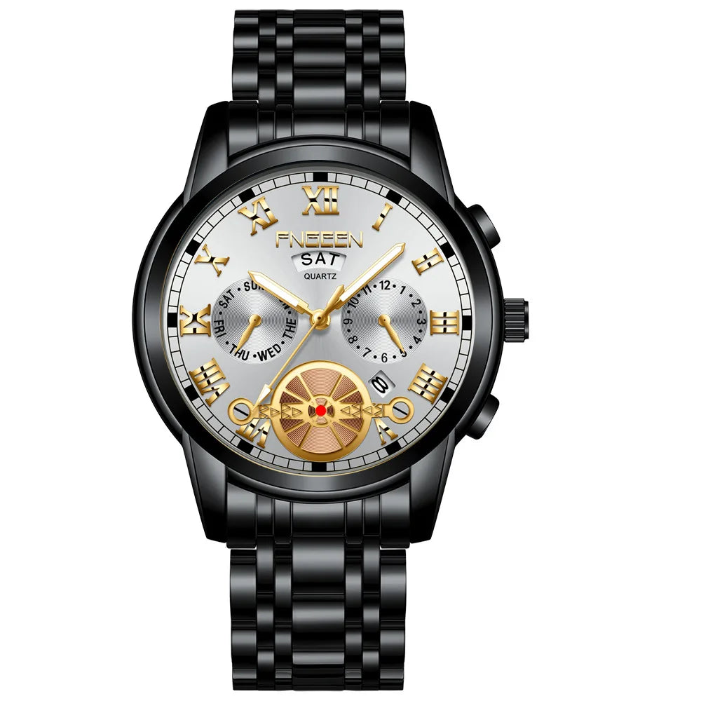 Fngeen 4001 Fashion Luxury Tourbillon Quartz Steel Wristwatch Jam Montres Reloj Life Waterproof Luminous Pointer Watch for Men