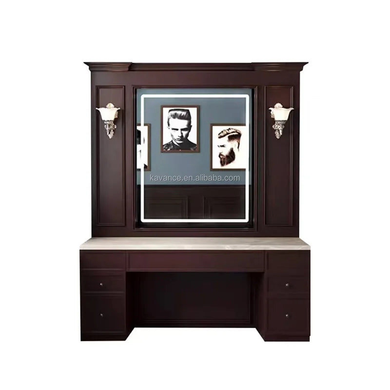 Barbershop Mirror Station with Integrated Storage Space for Salon Furniture