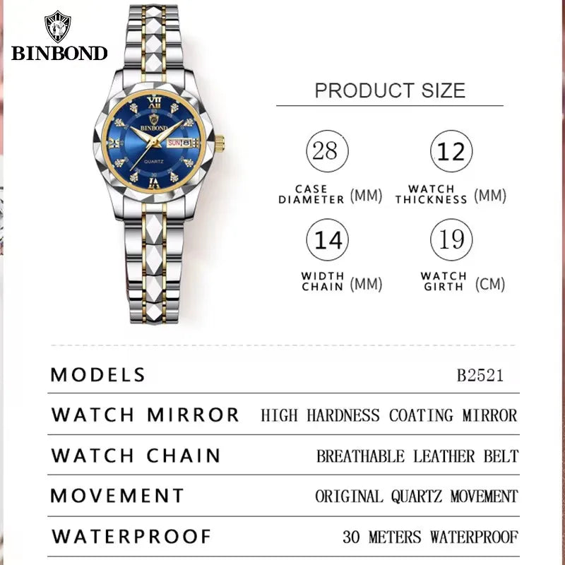 BINBONG B2521 2521 Luxury Quartz Watch Women Stainless  Waterproof Ladies Fashion Dress Wristwatch for Girlfriend Lovers Gift