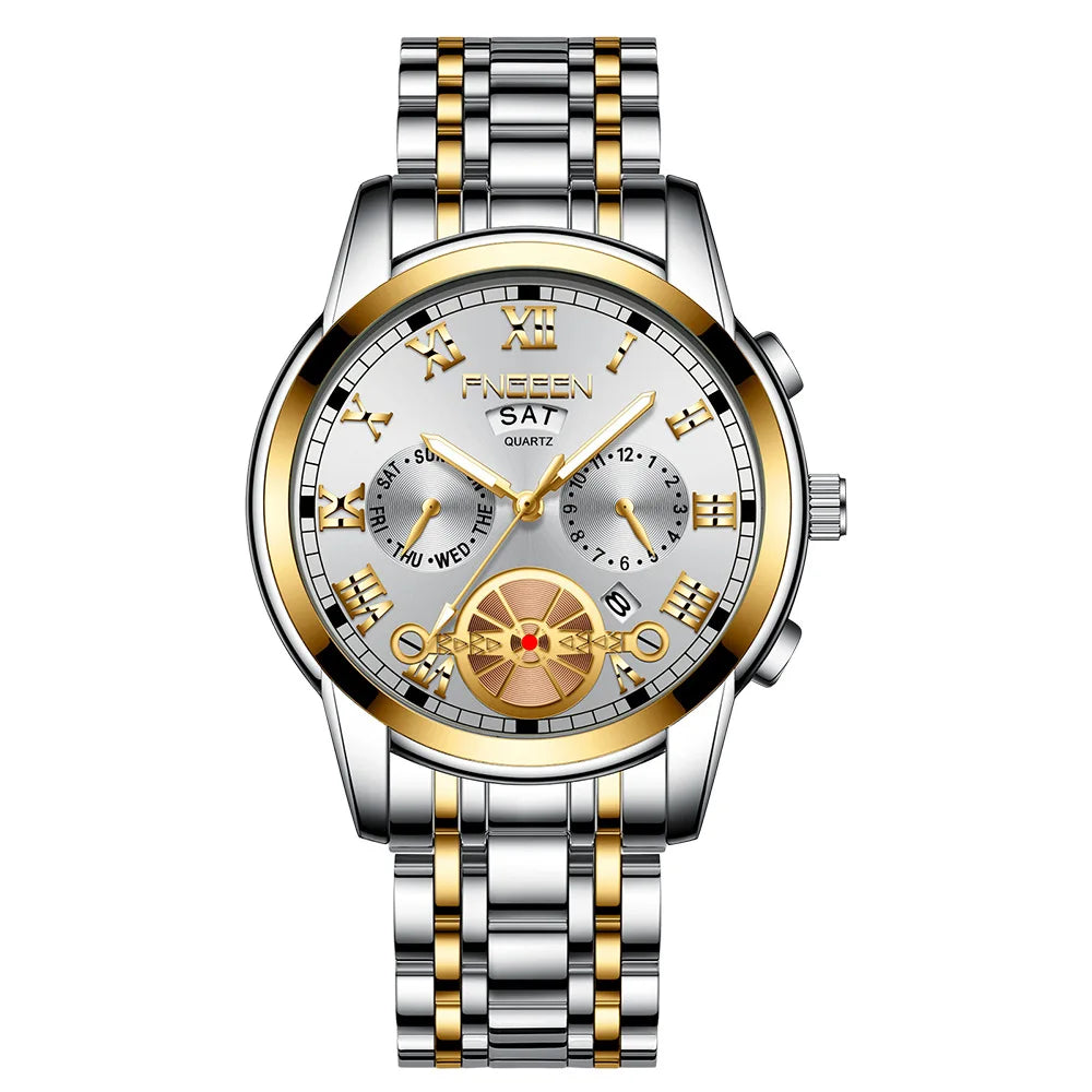 Fngeen 4001 Fashion Luxury Tourbillon Quartz Steel Wristwatch Jam Montres Reloj Life Waterproof Luminous Pointer Watch for Men