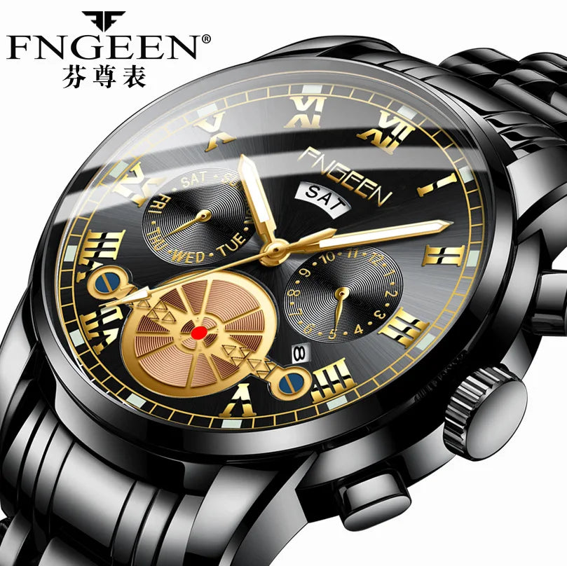 Fngeen 4001 Fashion Luxury Tourbillon Quartz Steel Wristwatch Jam Montres Reloj Life Waterproof Luminous Pointer Watch for Men