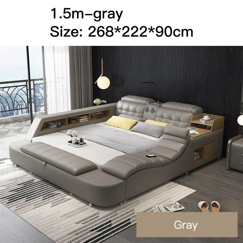Genuine Leather Bed Frame Soft Beds Massager Storage Safe Speaker Bedroom Furniture Cama Iphone Recharging Bluetooth Double Bed