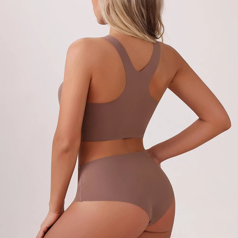 TERMEZY Soft Seamless Wireless Bra Set Minimalist Racerback Bralette Set Sport Yoga Breathable Panties Set Solid Color Intimates