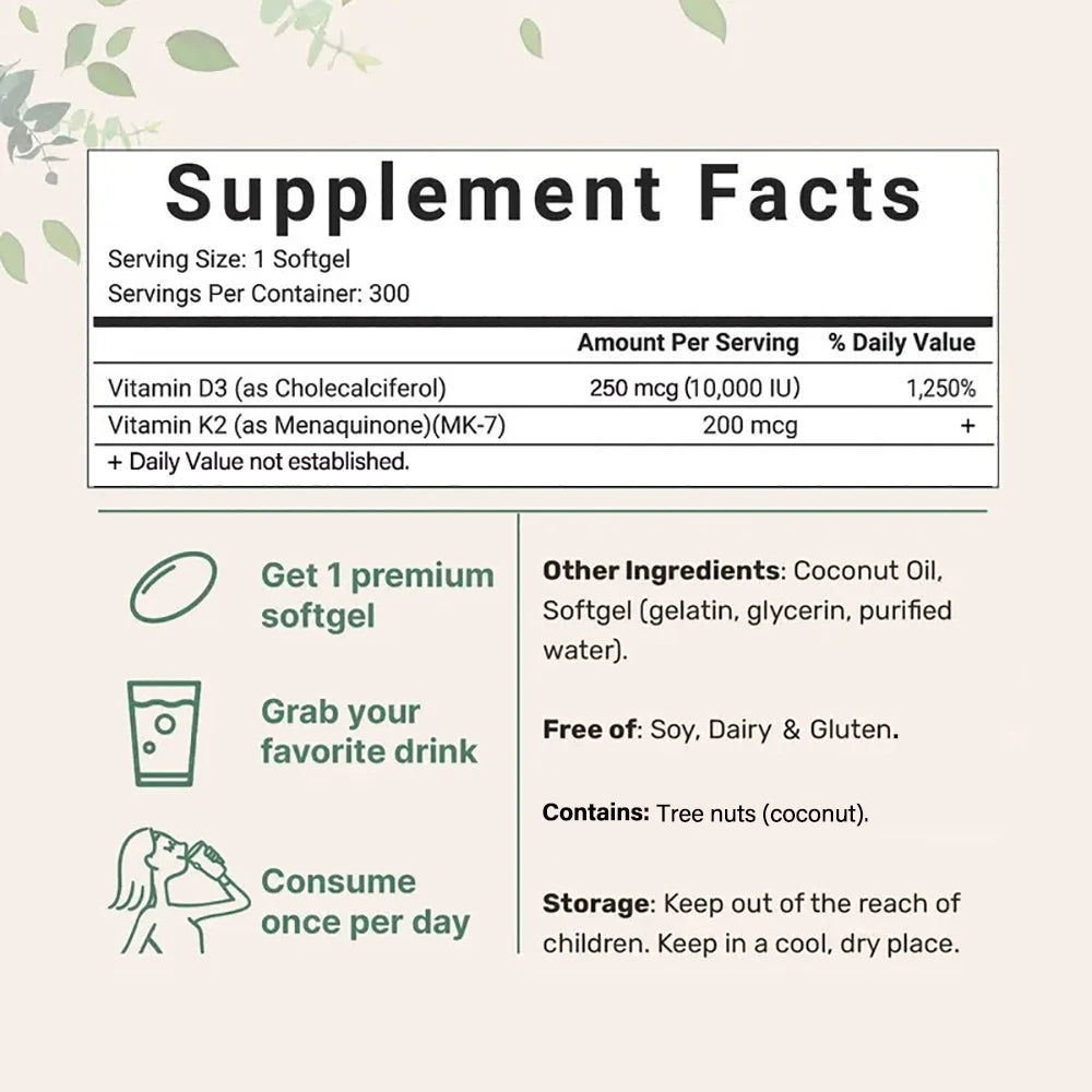 180/300 Vitamin D3 K2 Capsules with Coconut Oil - Vitamin D3 10000 iu Plus K2 (ML-7) 200 mcg, 300 Virgin Coconut Oil Softgels