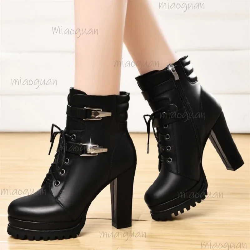 Women's Fashion Super High Heels Ankle Boots Autumn Winter Platform Booties Woman Buckle Decor PU Leather Short Botas Mujer