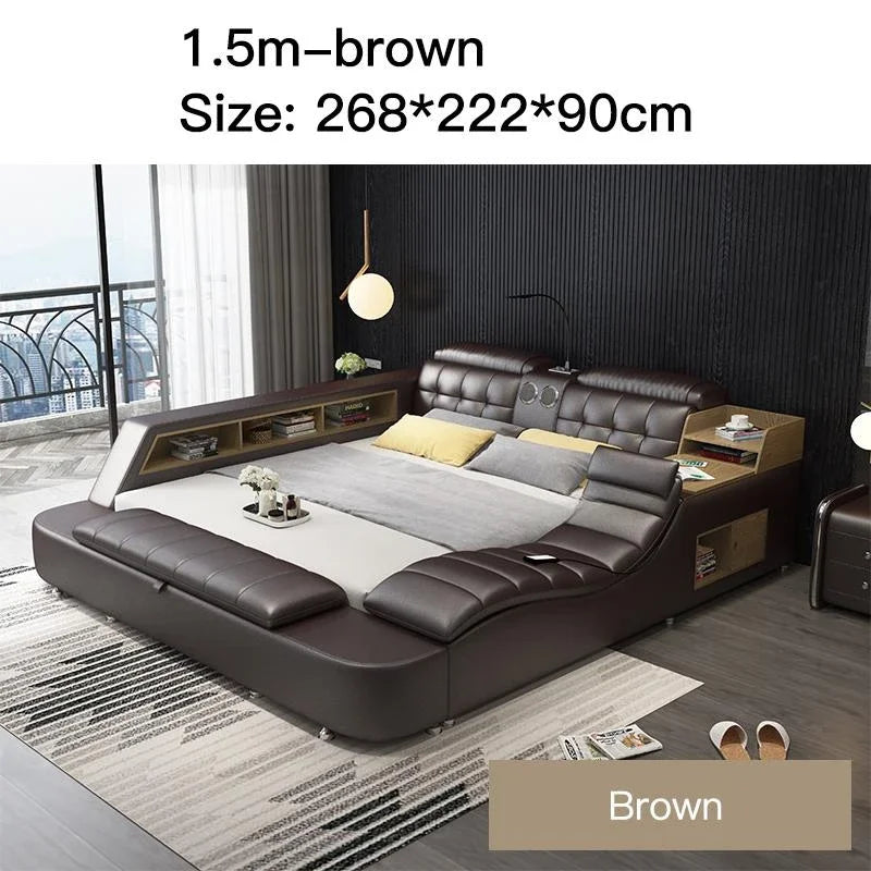 Genuine Leather Bed Frame Soft Beds Massager Storage Safe Speaker Bedroom Furniture Cama Iphone Recharging Bluetooth Double Bed