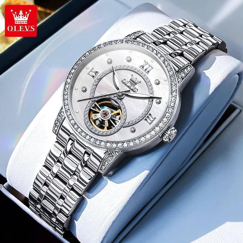 OLEVS Hollow Women's Watch Fully Automatic Mechanical Watch Luxury Diamond Inlaid Starry Sky Elegant Women's Brand Watch  7036