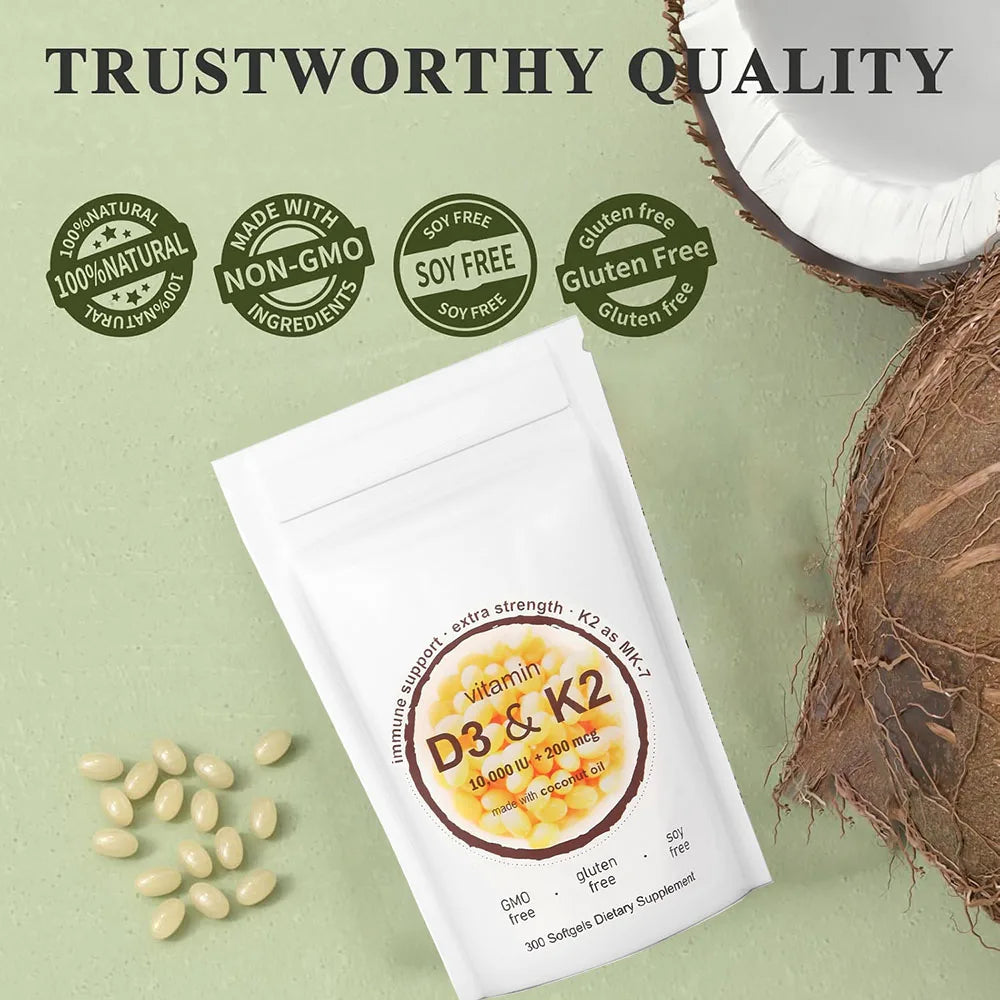 180/300 Vitamin D3 K2 Capsules with Coconut Oil - Vitamin D3 10000 iu Plus K2 (ML-7) 200 mcg, 300 Virgin Coconut Oil Softgels