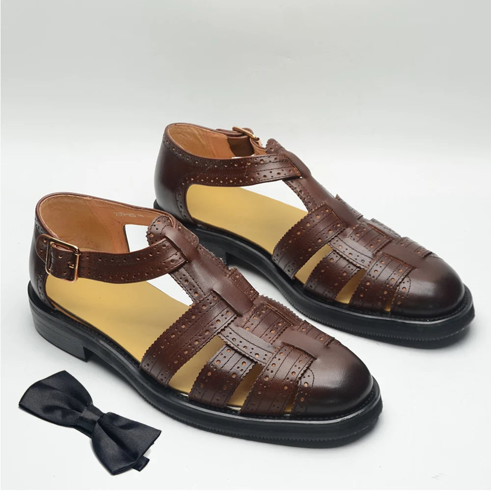Luxury Designer Men's Summer Sandals Genuine Leather Brogue Carving Man Shoes Formal Events Social Buckle Strap Men Slippers