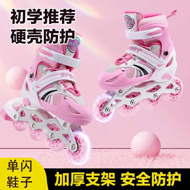 Children's the Skating Shoes Men's and Women's Adjustable Pulley Single Flash Roller Skates