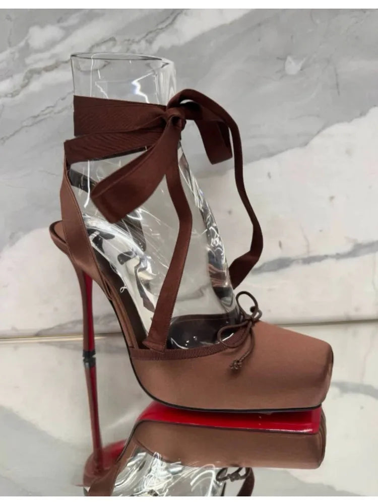 Ladies' New Summer Square Satin High-heeled Sandals with Ankle Straps, Fashionable Party and Banquet Ballet High-heeled Shoes