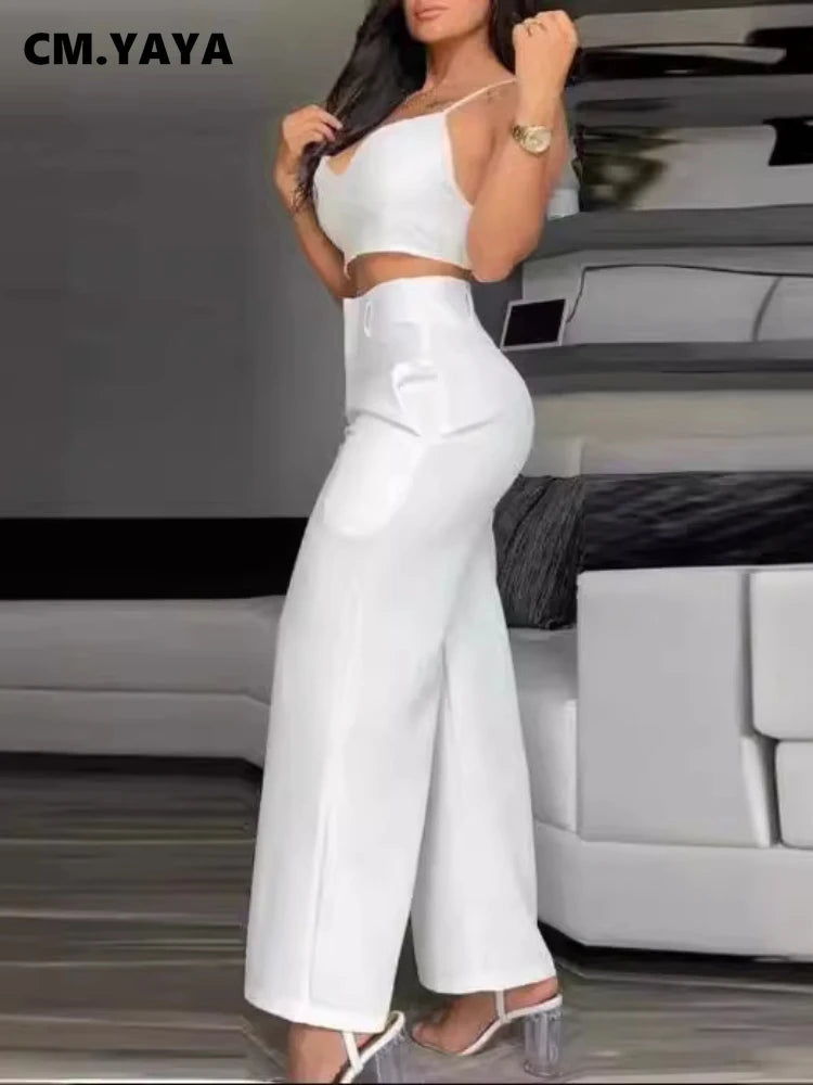 CM.YAYA Fashion Women's Set Spaghetti Strap V-neck Crop Top and Wide Leg Pants 2024 Party Two 2 Piece Sets Outfits Tracksuit