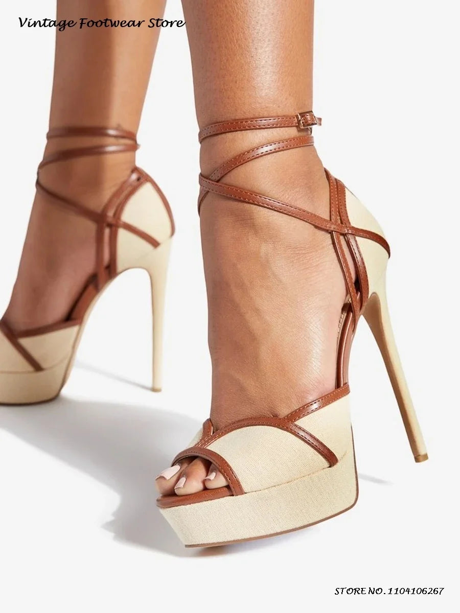 Patchwork Leather Trimmed Platform Sandals Round Open Toe Ankle Strap Thin High Heels Summer Buckle Strap Women's Trendy Shoes