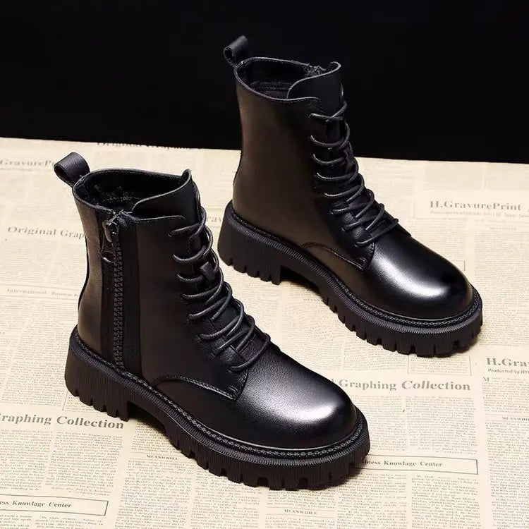 Autumn new mid length Boots Black anti slip trendy Footwear  Fashion laceup boots Ladies thick heeled casual shoes Botas Zapatos