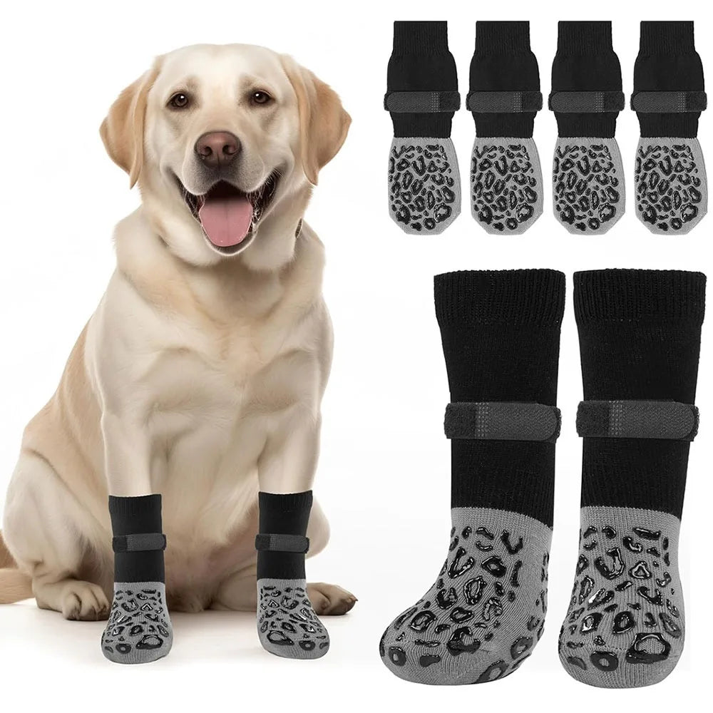4PCS High Quality Anti-Slip Cozy Dog Socks Anti-Scratch Adjustable Band Knitted Socks Strong Grip Cotton Paw Protector Indoor