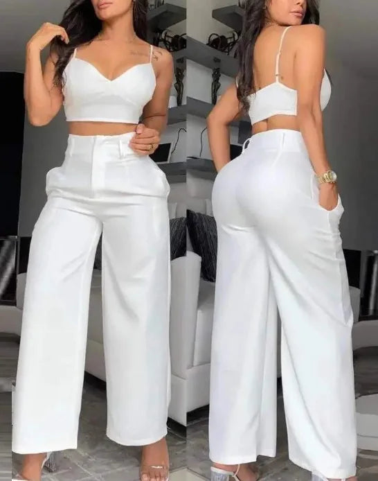 CM.YAYA Fashion Women's Set Spaghetti Strap V-neck Crop Top and Wide Leg Pants 2024 Party Two 2 Piece Sets Outfits Tracksuit
