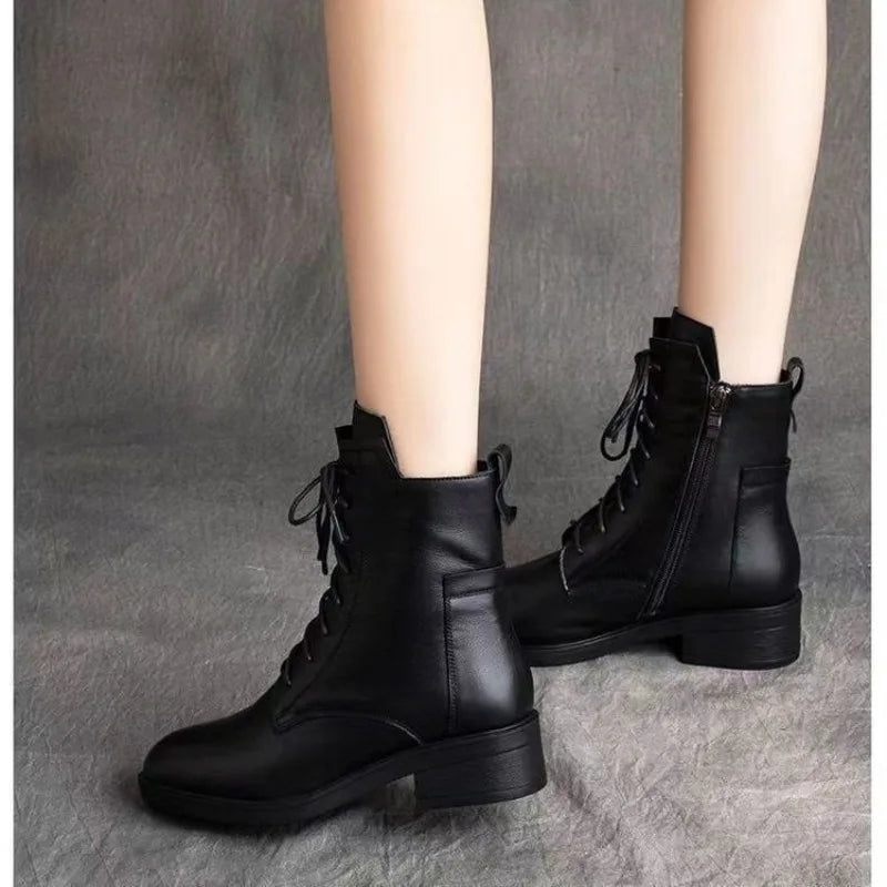 Black Short Boots Fashion Side Zipper Lace Up Women Shoes British Style Leather Square Heel Mid Heel Plush Women's Ankle Boots