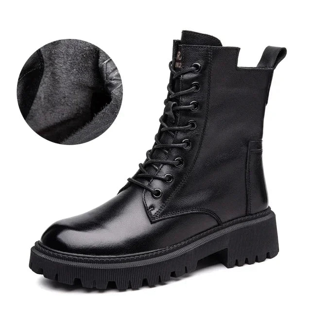 2025 Genuine Leather Women's Boots Velvet Autumn Winter Thick Heel Cowhide Shoes Handmade Retro Platform Booties