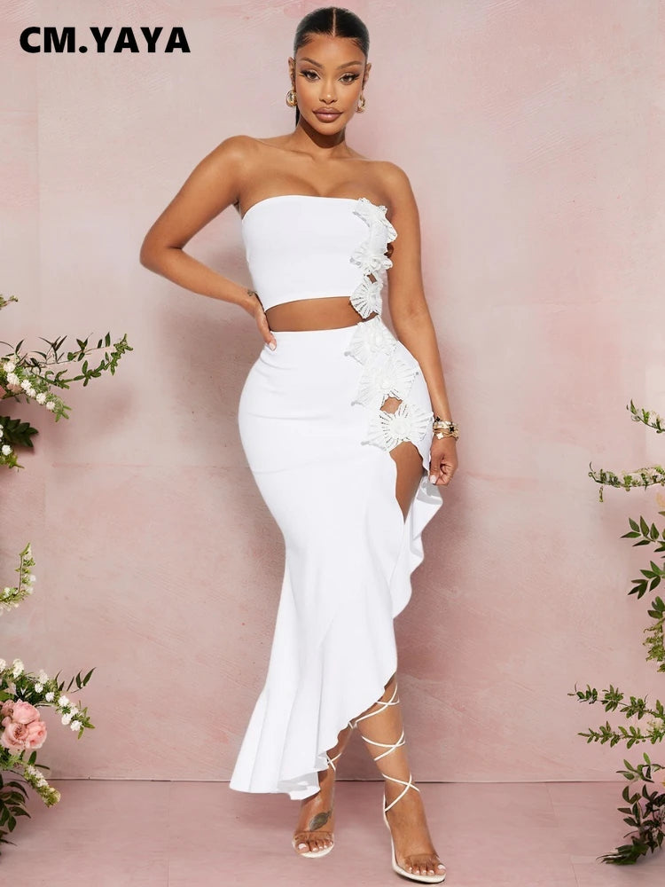 CM.YAYA Bowknot Side Women's Dress Set Strapless Crop Top and Ruffles Split Midi Maxi Long Skirt Suit Two 2 Piece Set Outfits