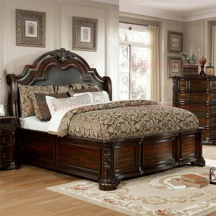 European Antique Design Bedroom Furniture Luxury French Classic Wooden Bedroom Sets Storage Function King Size Bed
