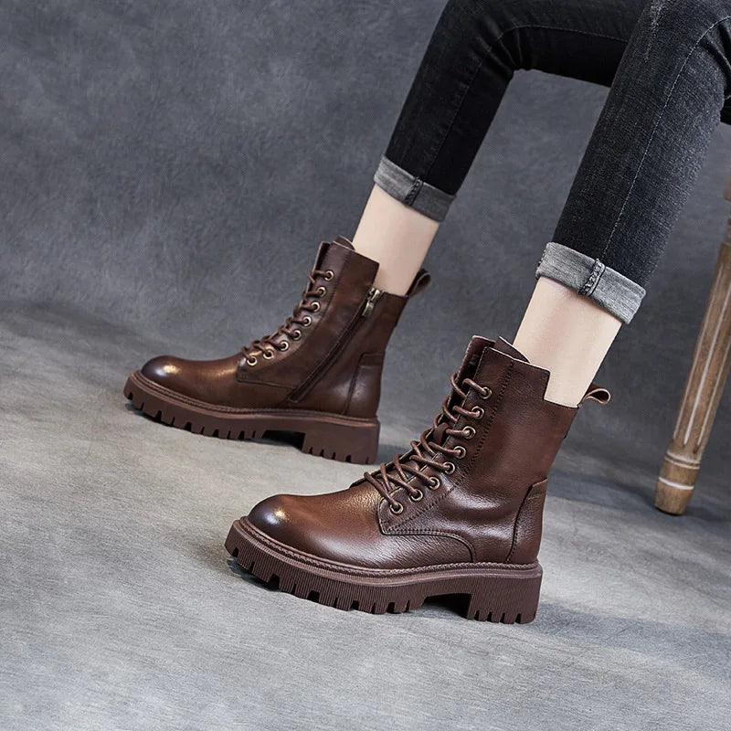 2025 Genuine Leather Women's Boots Velvet Autumn Winter Thick Heel Cowhide Shoes Handmade Retro Platform Booties