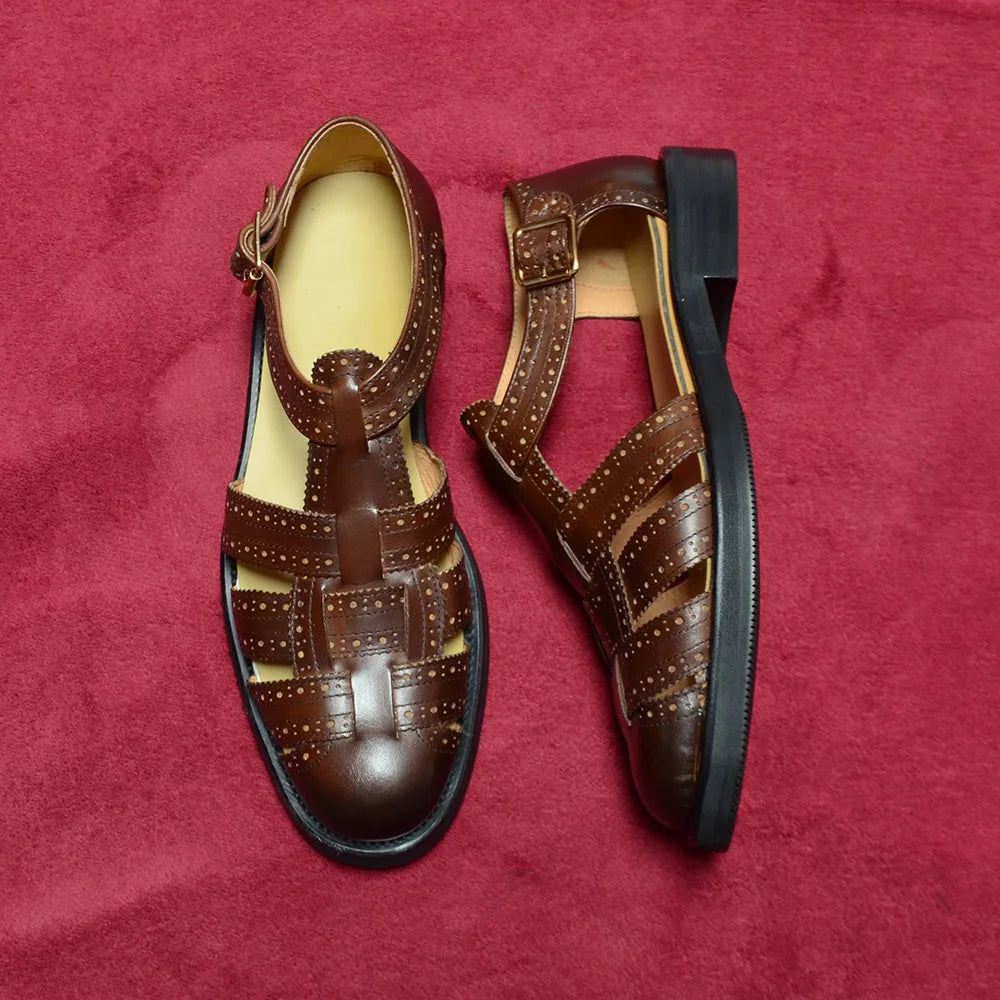 Luxury Designer Men's Summer Sandals Genuine Leather Brogue Carving Man Shoes Formal Events Social Buckle Strap Men Slippers