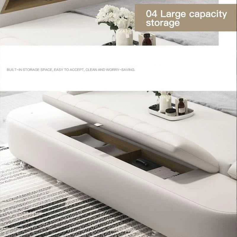 Genuine Leather Bed Frame Soft Beds Massager Storage Safe Speaker Bedroom Furniture Cama Iphone Recharging Bluetooth Double Bed