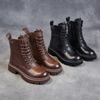 2025 Genuine Leather Women's Boots Velvet Autumn Winter Thick Heel Cowhide Shoes Handmade Retro Platform Booties