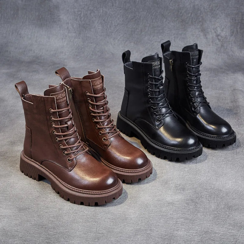 2025 Genuine Leather Women's Boots Velvet Autumn Winter Thick Heel Cowhide Shoes Handmade Retro Platform Booties