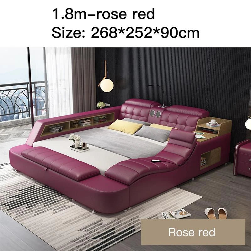 Genuine Leather Bed Frame Soft Beds Massager Storage Safe Speaker Bedroom Furniture Cama Iphone Recharging Bluetooth Double Bed