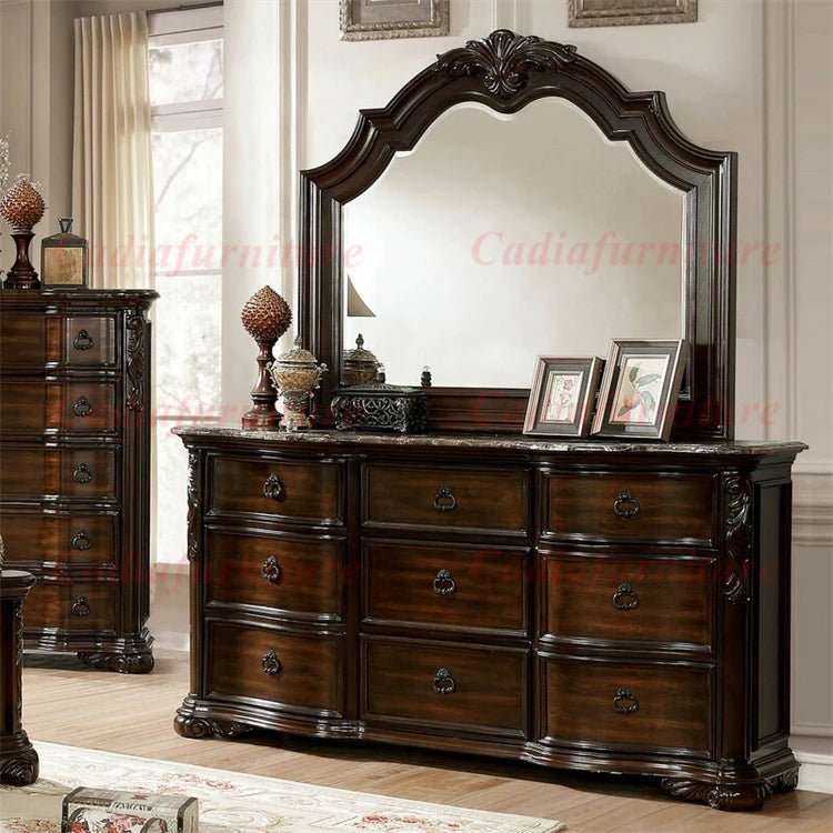 European Antique Design Bedroom Furniture Luxury French Classic Wooden Bedroom Sets Storage Function King Size Bed