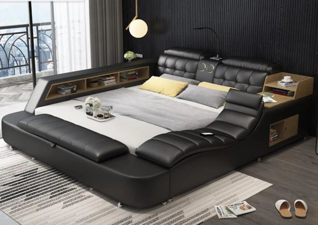 Genuine Leather Bed Frame Soft Beds Massager Storage Safe Speaker Bedroom Furniture Cama Iphone Recharging Bluetooth Double Bed