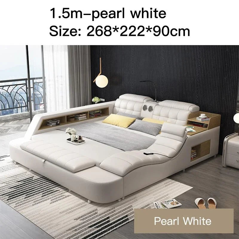 Genuine Leather Bed Frame Soft Beds Massager Storage Safe Speaker Bedroom Furniture Cama Iphone Recharging Bluetooth Double Bed