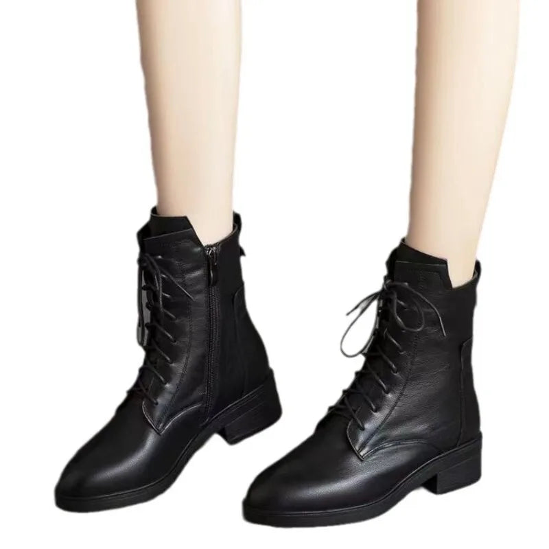 Black Short Boots Fashion Side Zipper Lace Up Women Shoes British Style Leather Square Heel Mid Heel Plush Women's Ankle Boots