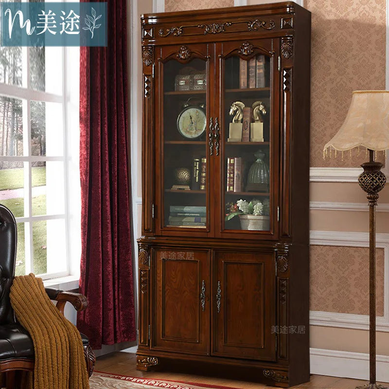 *European solid wood American free combination book all solid wood glass door display case