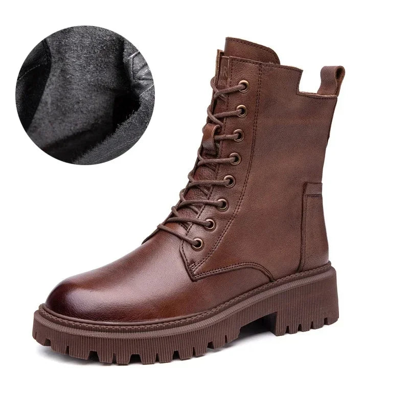 2025 Genuine Leather Women's Boots Velvet Autumn Winter Thick Heel Cowhide Shoes Handmade Retro Platform Booties