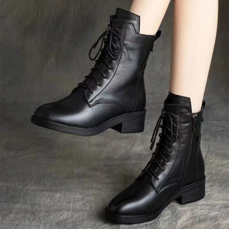 Black Short Boots Fashion Side Zipper Lace Up Women Shoes British Style Leather Square Heel Mid Heel Plush Women's Ankle Boots