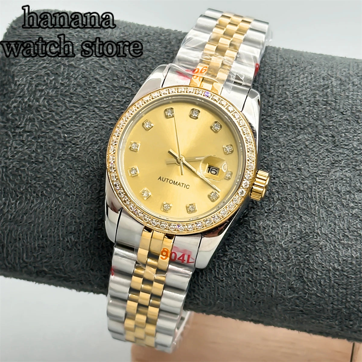 BLIGER 31mm NH05 Silver Gold Women's automatic watch with Diamond bezel Sunlit White mother-pearl dial stainless steel bracelet
